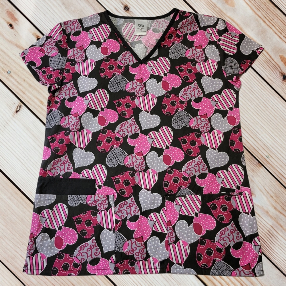 Women's B Scrubs Top Small Pink and Black Hearts